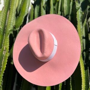 Pink Wide-Brim Hat 100%Australian Wool With White Grosgrain Ribbon.